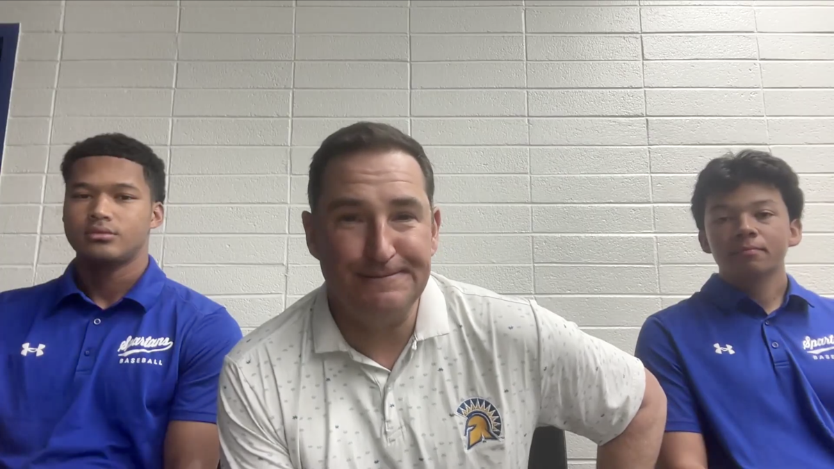 During the Bay Area collegiate media day center-outfi elder Jeriah Lewis (left) SJSU baseball head coach Brad Sanfi lippo (center) and Lefthanded pitcher Jesse Gutierrez (right) listen to questions from media members Thursday morning.
